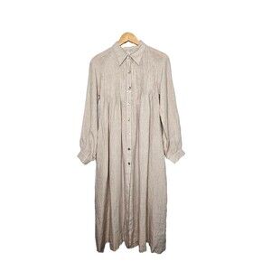 LINENNAIVE Monica 17 Dress XS Beige Pleats Button Up Prairie Cottagecore No Vest